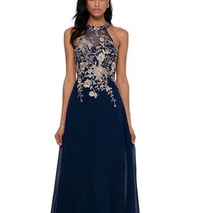 Betsy & Adam Navy and Gold Floral Prom Dress